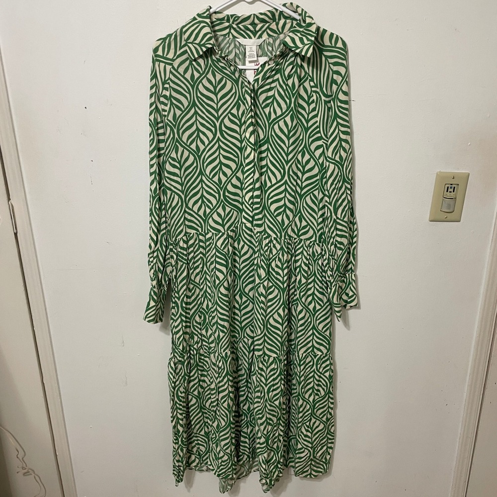 H&M Green White Leaf Print Tiered Midi Shirt Dress Long Sleeve Button Front S